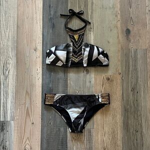 Lateen Black and Gold Beaded Geometric Bikini Set Size: Large (L)